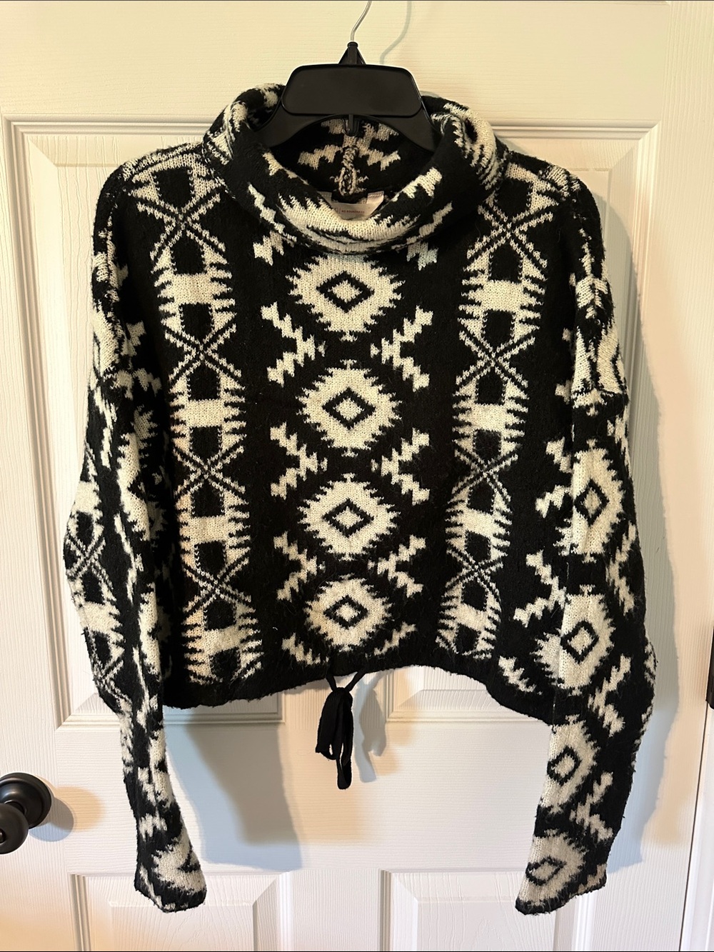 No Boundaries Black & White Aztec Turtleneck Drawstring Sweater